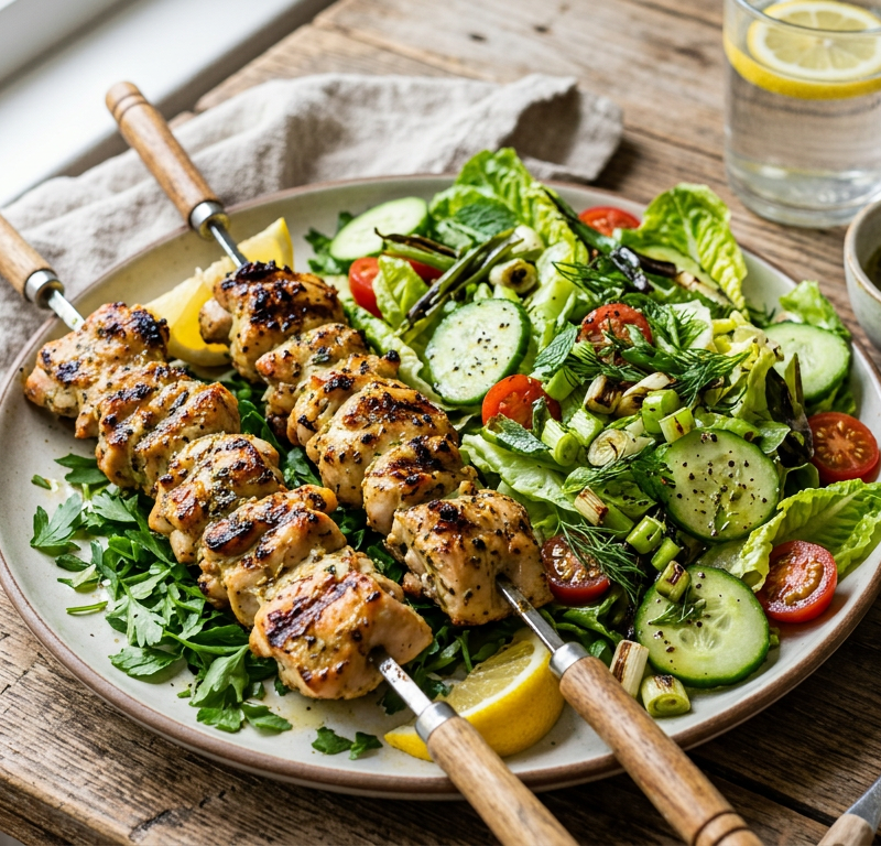 Oregano Chicken Skewers with Charred Scallion-Vinaigrette Salad