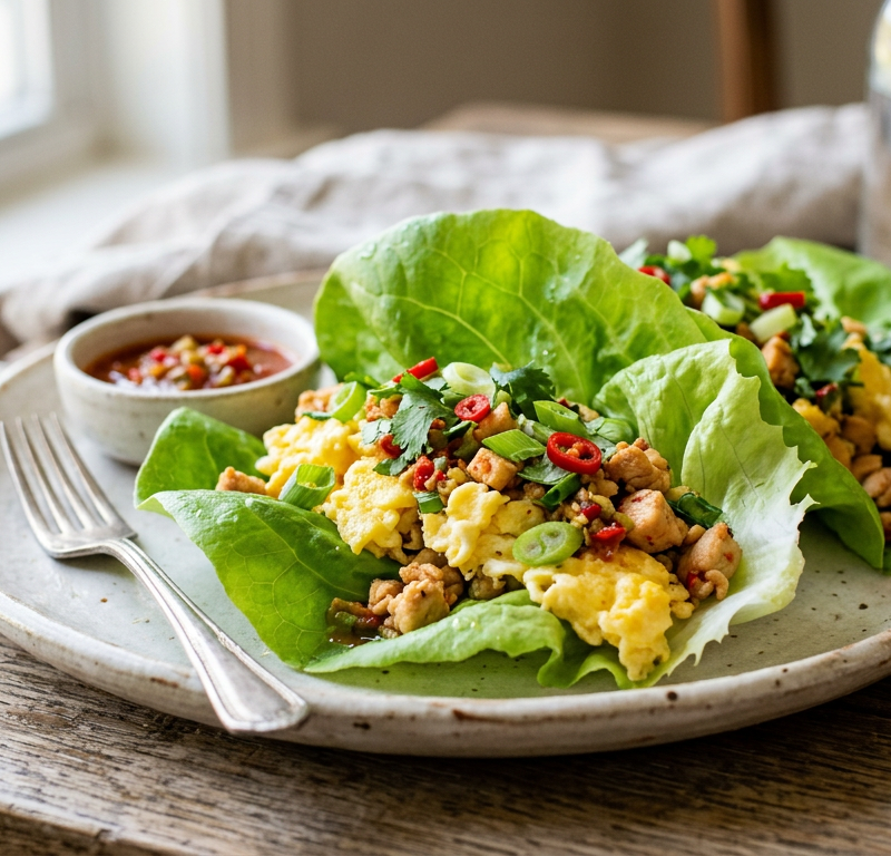 Chili-Garlic Chicken and Egg Breakfast Lettuce Wraps
