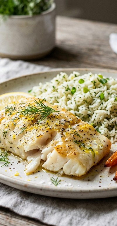 Baked Cod with Dill Rice Pilaf and Roasted Carrots