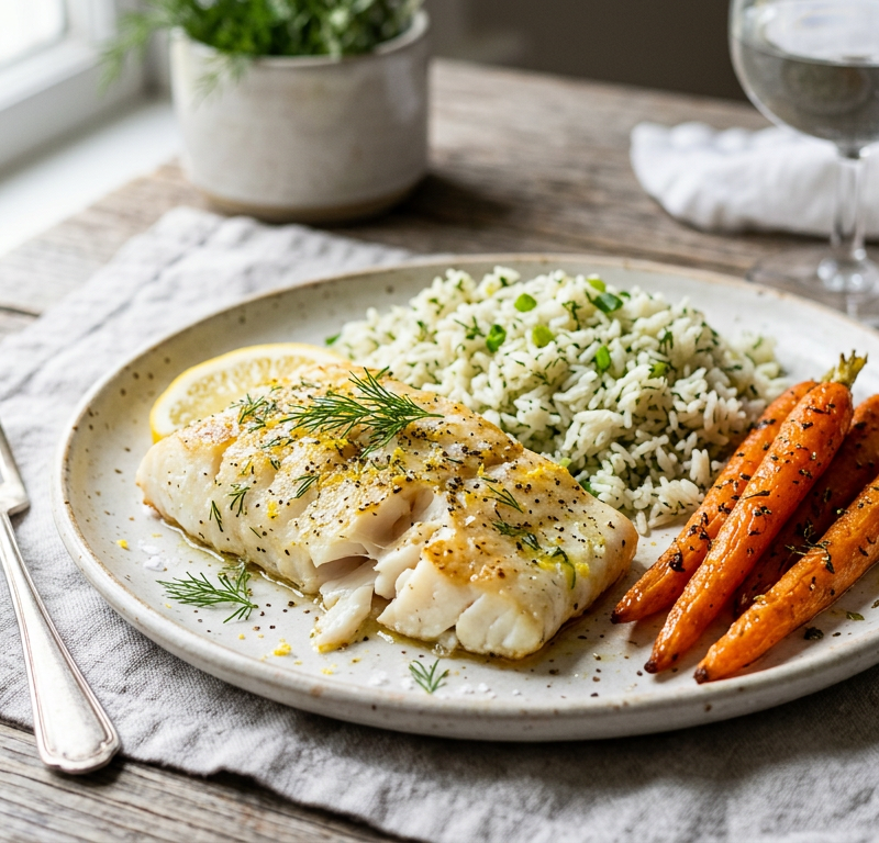 Baked Cod with Dill Rice Pilaf and Roasted Carrots