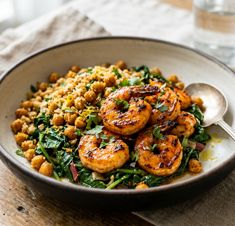 Harissa Shrimp with Crispy Chickpea Crumble