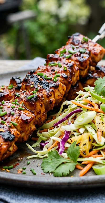 Spicy American BBQ Chicken Skewers with Grilled Pineapple-Free Slaw