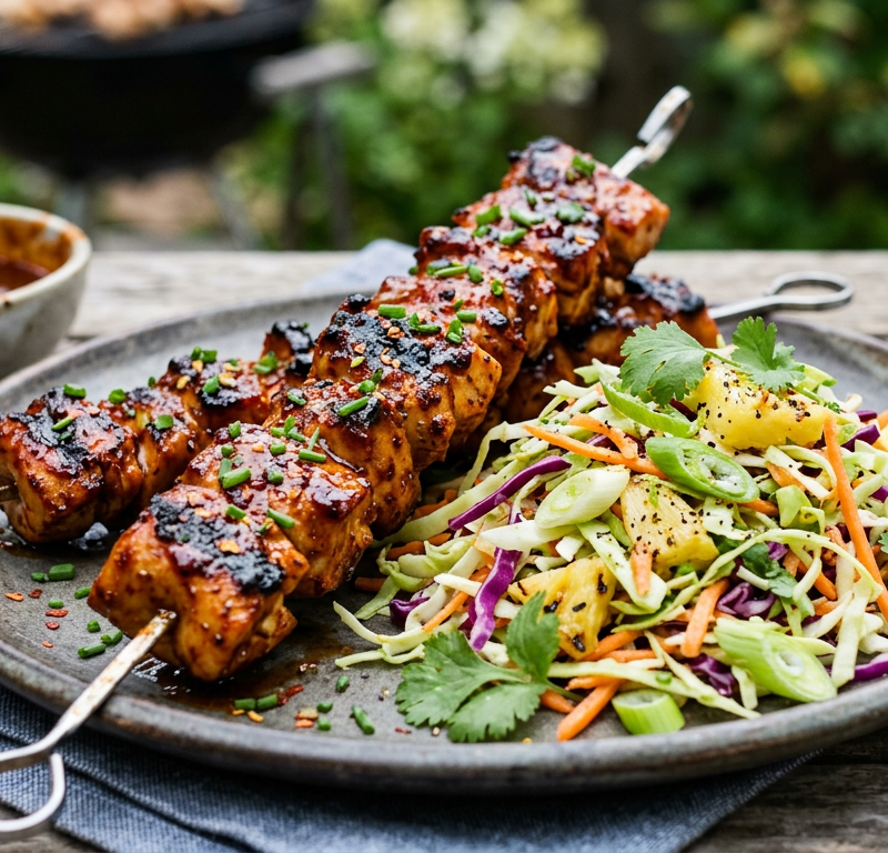Spicy American BBQ Chicken Skewers with Grilled Pineapple-Free Slaw