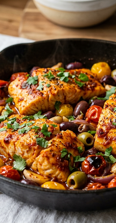 Skillet Harissa Cod with Blistered Cherry Tomatoes and Olives