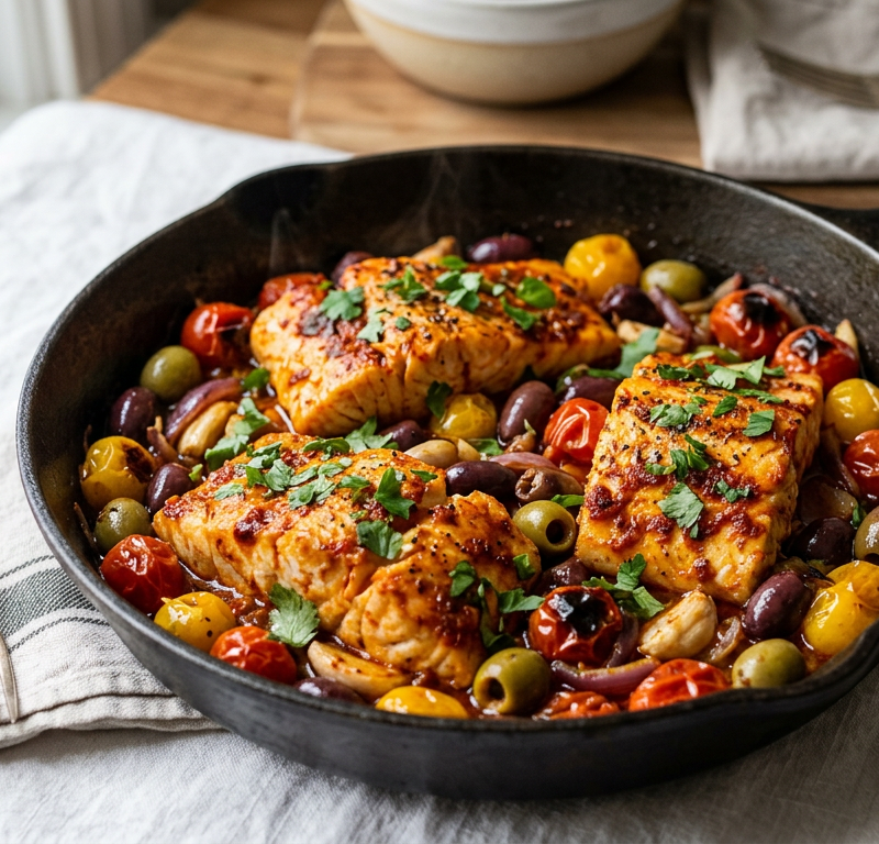 Skillet Harissa Cod with Blistered Cherry Tomatoes and Olives