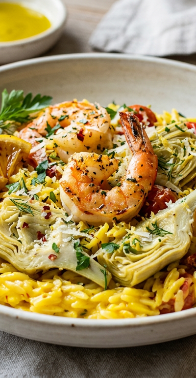 Saffron-Infused Shrimp Orzo with Artichokes