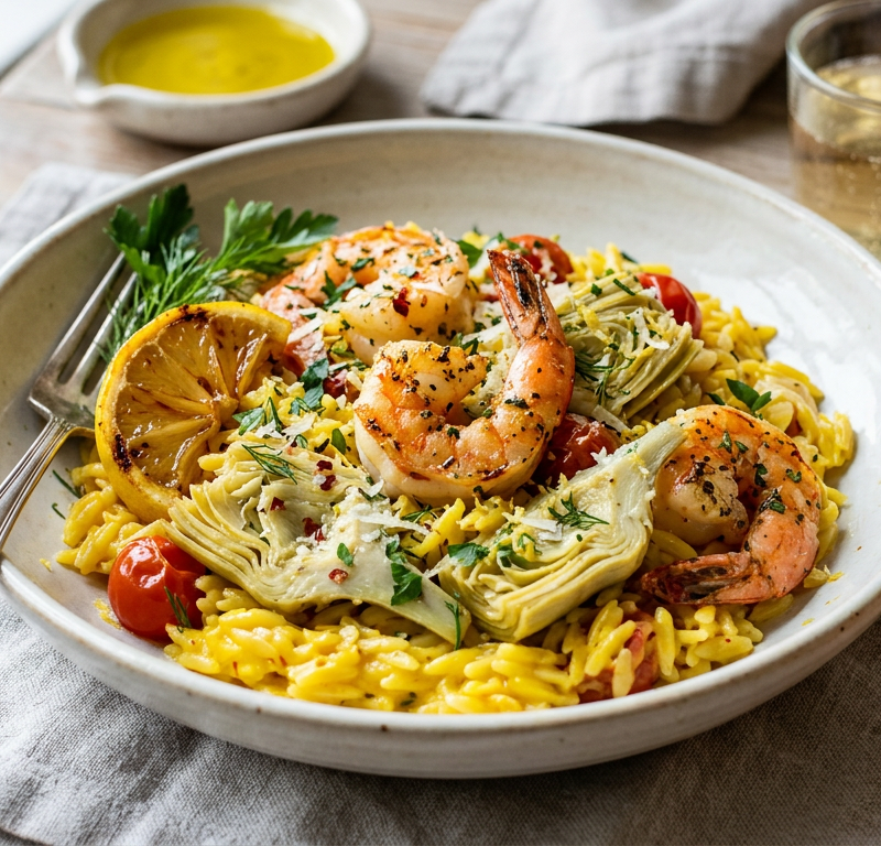 Saffron-Infused Shrimp Orzo with Artichokes