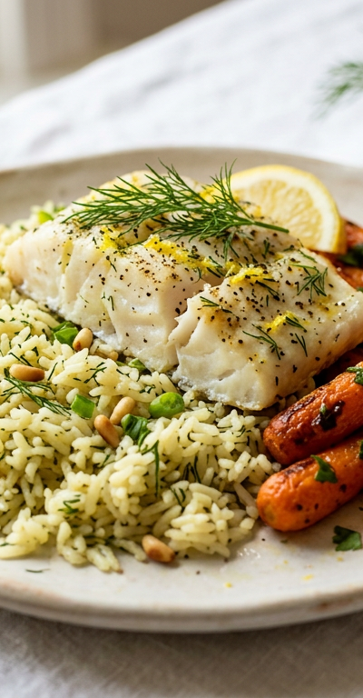 Baked Cod with Dill Rice Pilaf and Roasted Carrots
