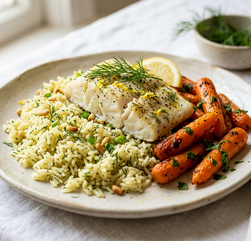 Baked Cod with Dill Rice Pilaf and Roasted Carrots
