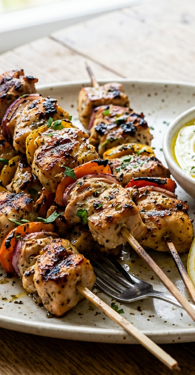 Greek Lemon Chicken Skewers with Whipped Feta Dip