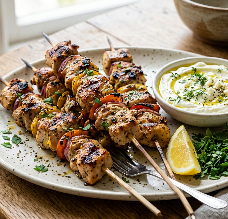 Greek Lemon Chicken Skewers with Whipped Feta Dip