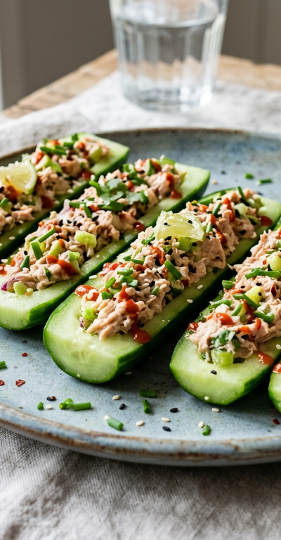 Spicy Sriracha Tuna Salad Cucumber Boats