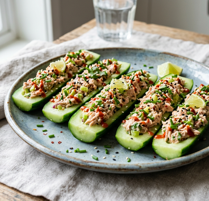 Spicy Sriracha Tuna Salad Cucumber Boats
