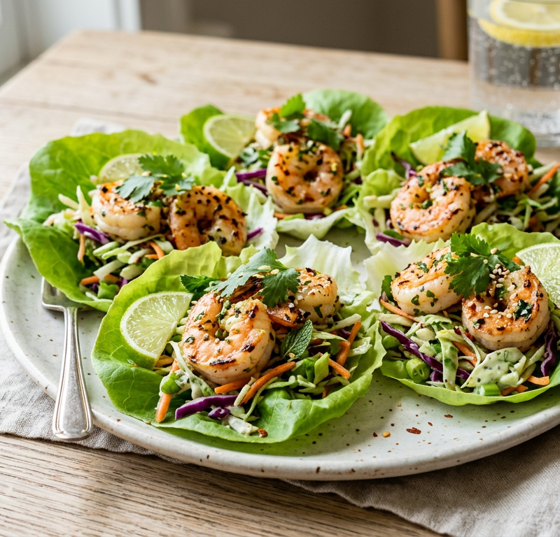 Lemon-Garlic Shrimp Lettuce Cups with Crunchy Herb Slaw