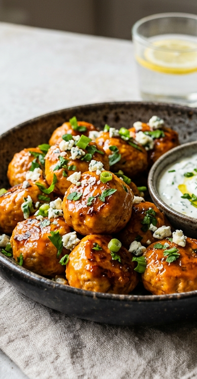 Crispy Buffalo Turkey Meatballs with Cooling Herb Yogurt