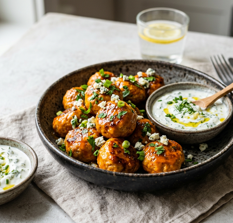 Crispy Buffalo Turkey Meatballs with Cooling Herb Yogurt