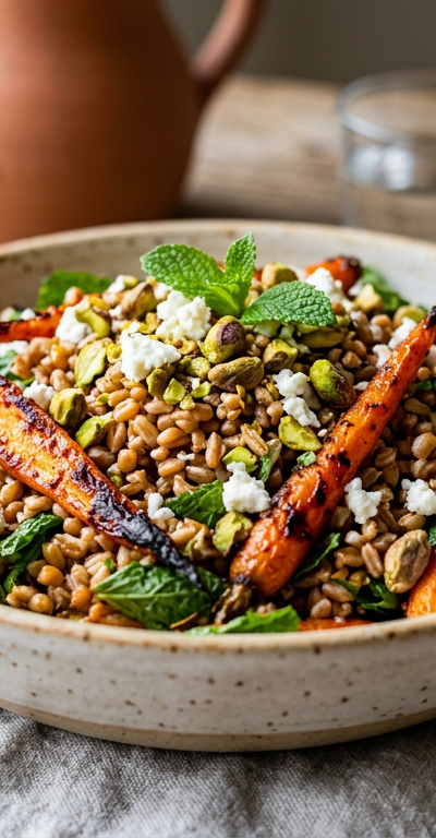 Harissa Roasted Carrot and Farro Salad with Pistachios