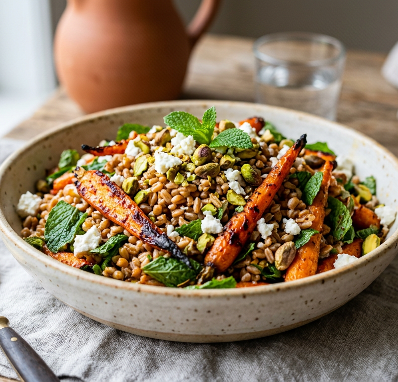 Harissa Roasted Carrot and Farro Salad with Pistachios