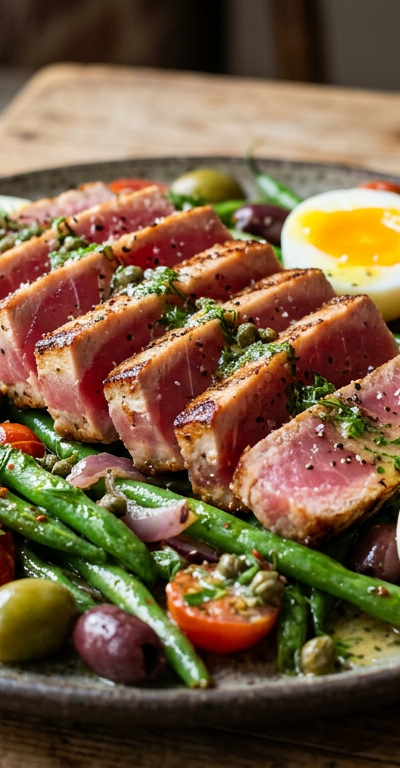 Seared Tuna Niçoise-Style Plate with Egg and Green Beans