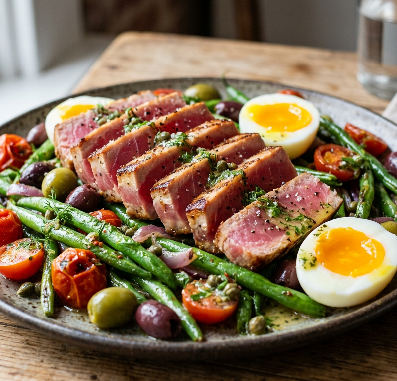 Seared Tuna Niçoise-Style Plate with Egg and Green Beans