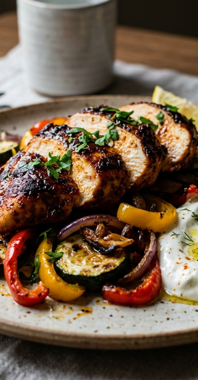 Harissa Lemon Chicken with Charred Veg & Garlic Yogurt