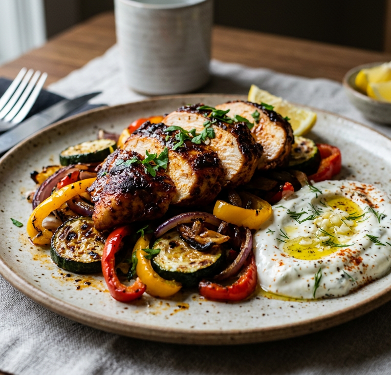 Harissa Lemon Chicken with Charred Veg & Garlic Yogurt