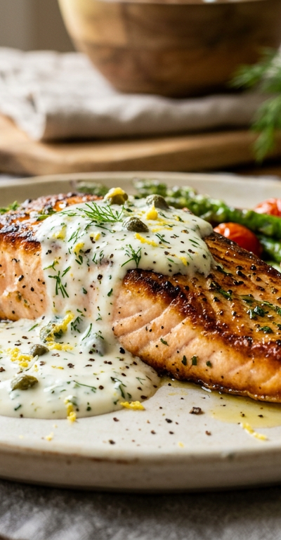 Seared Salmon with Dill-Caper Yogurt Sauce