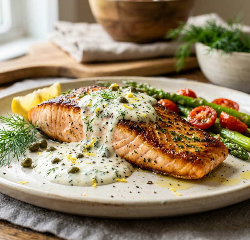 Seared Salmon with Dill-Caper Yogurt Sauce