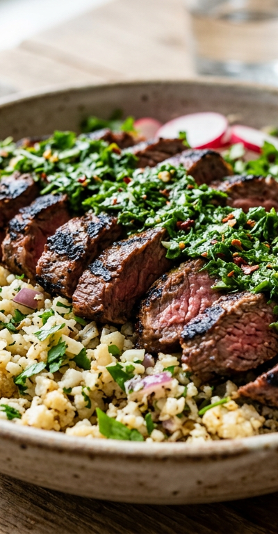 Steak & Chimichurri Cauliflower Rice Bowl