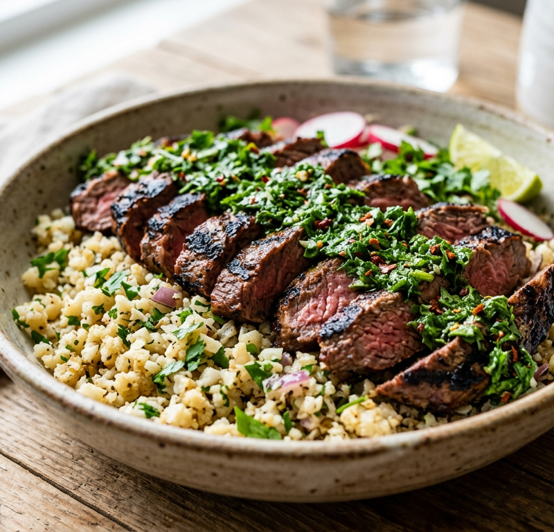 Steak & Chimichurri Cauliflower Rice Bowl