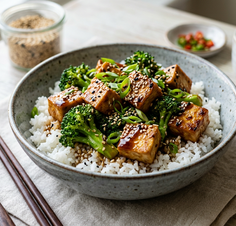 Soy-Glazed Tofu & Broccoli Donburi with Toasted Sesame