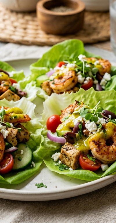 Greek Spiced Shrimp and Chicken Lettuce Wraps with Lemon-Oregano Sauce
