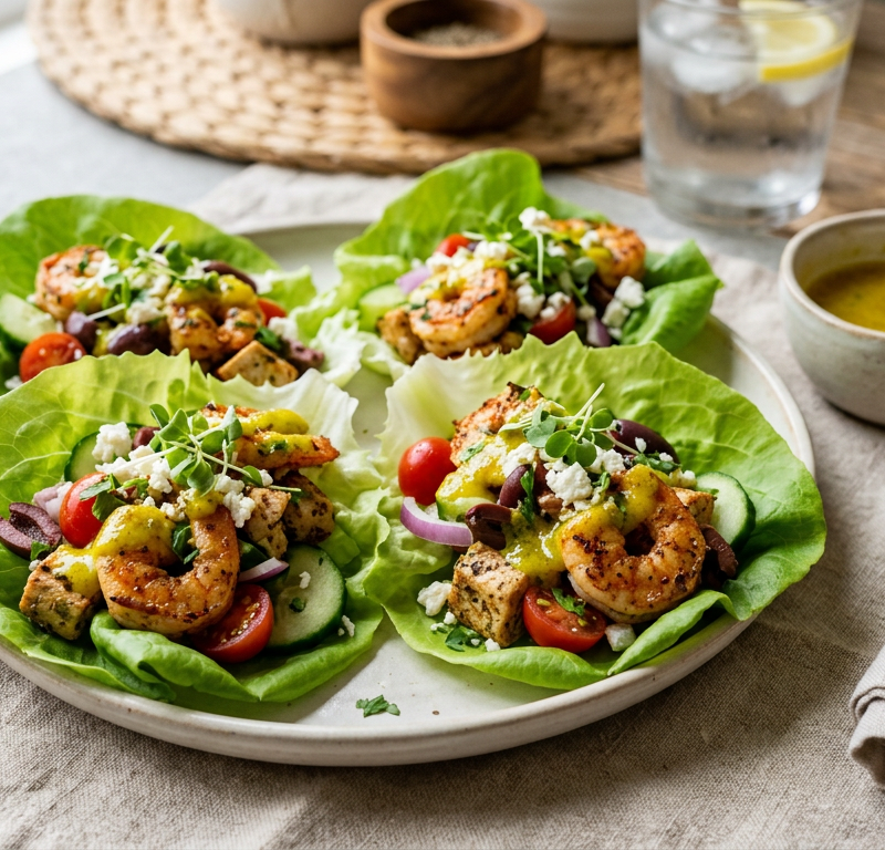 Greek Spiced Shrimp and Chicken Lettuce Wraps with Lemon-Oregano Sauce