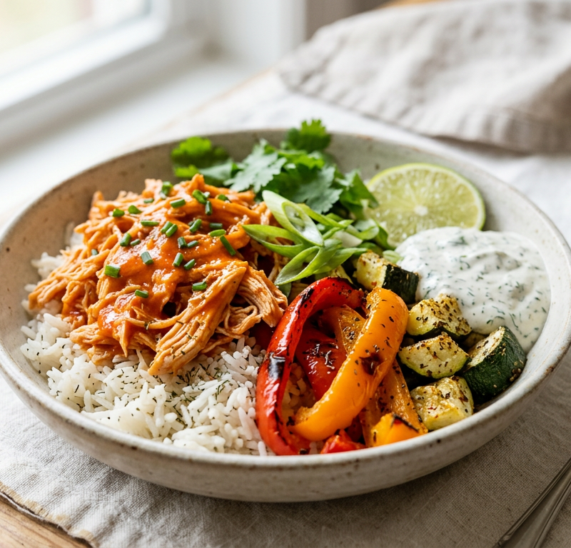 Buffalo Chicken and Rice Power Bowl with Roasted Peppers