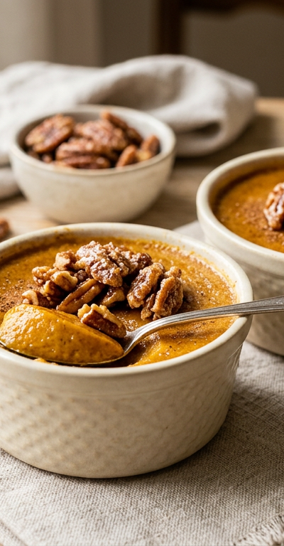 Spiced Pumpkin Custard Cups with Candied Pecans
