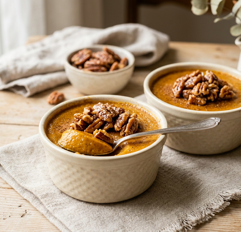 Spiced Pumpkin Custard Cups with Candied Pecans