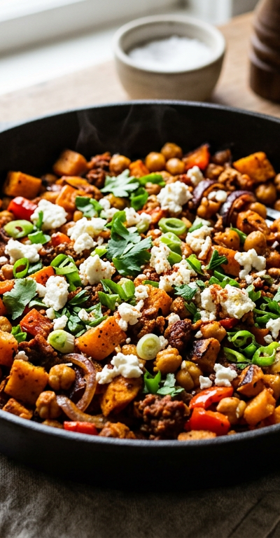 Cumin-Harissa Sweet Potato and Chickpea Skillet Hash with Chorizo