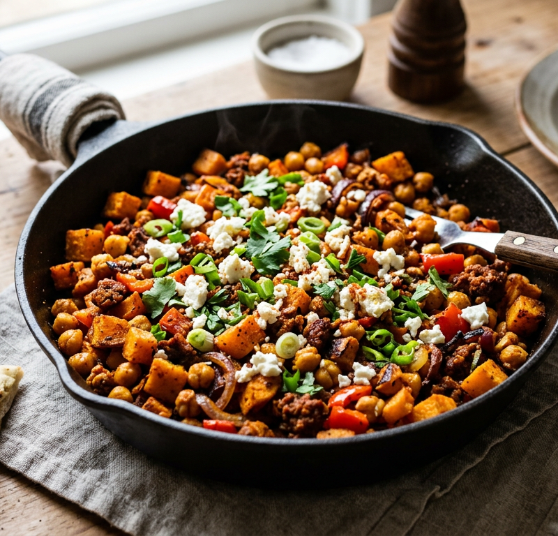 Cumin-Harissa Sweet Potato and Chickpea Skillet Hash with Chorizo