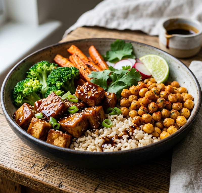 Teriyaki Tofu & Brown Rice Power Bowl with Crispy Chickpeas