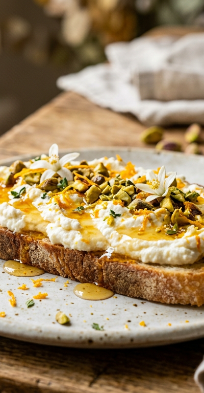Orange Blossom Ricotta Toast with Pistachios and Honey