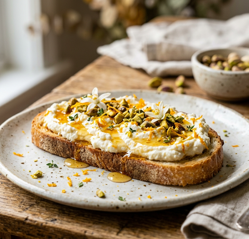 Orange Blossom Ricotta Toast with Pistachios and Honey