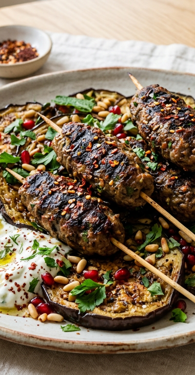 Crushed Red Pepper Lamb Kofta with Roasted Eggplant
