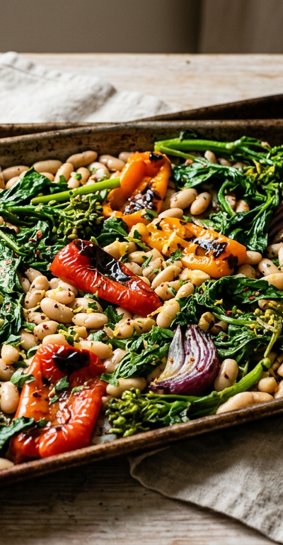 Sheet-Pan White Beans with Bitter Greens and Charred Peppers