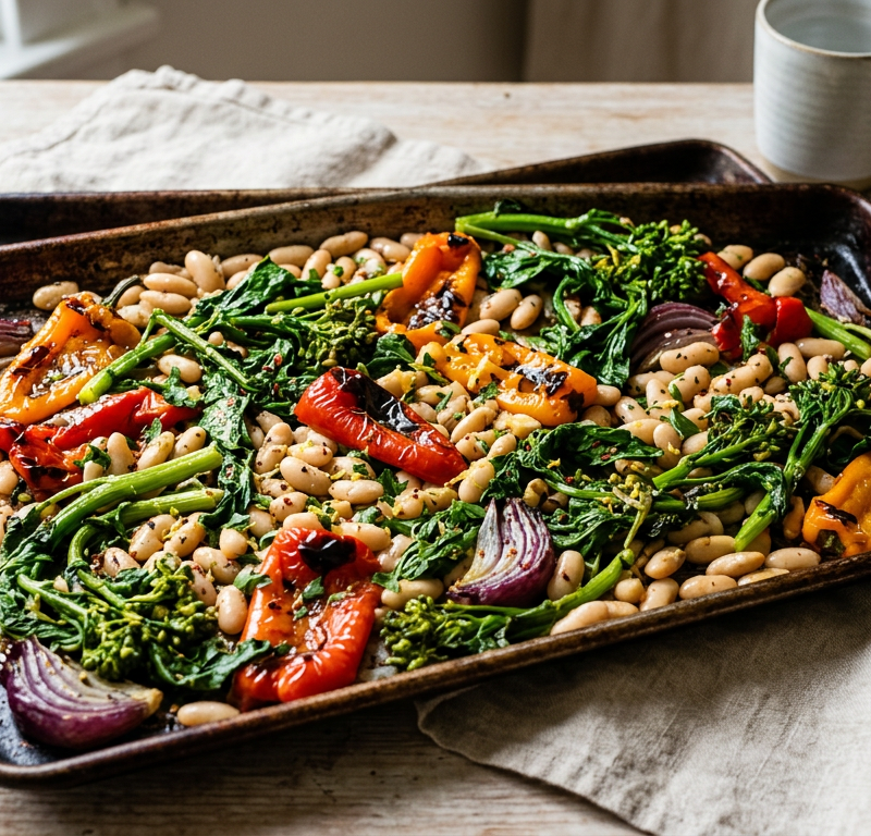 Sheet-Pan White Beans with Bitter Greens and Charred Peppers