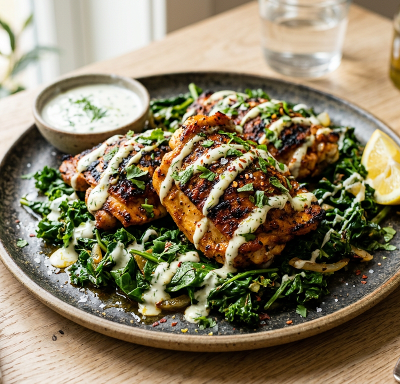 Seared Harissa Chicken Thighs with Lemon-Yogurt Drizzle