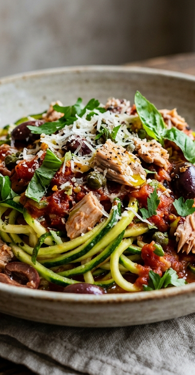 Zucchini Noodle Puttanesca with Tuna & Capers