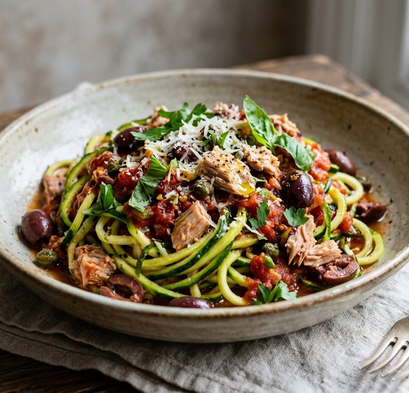 Zucchini Noodle Puttanesca with Tuna & Capers