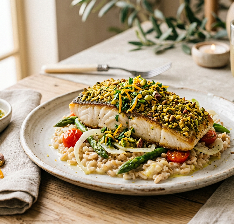 Pistachio-Crusted Sea Bass with Orange Gremolata
