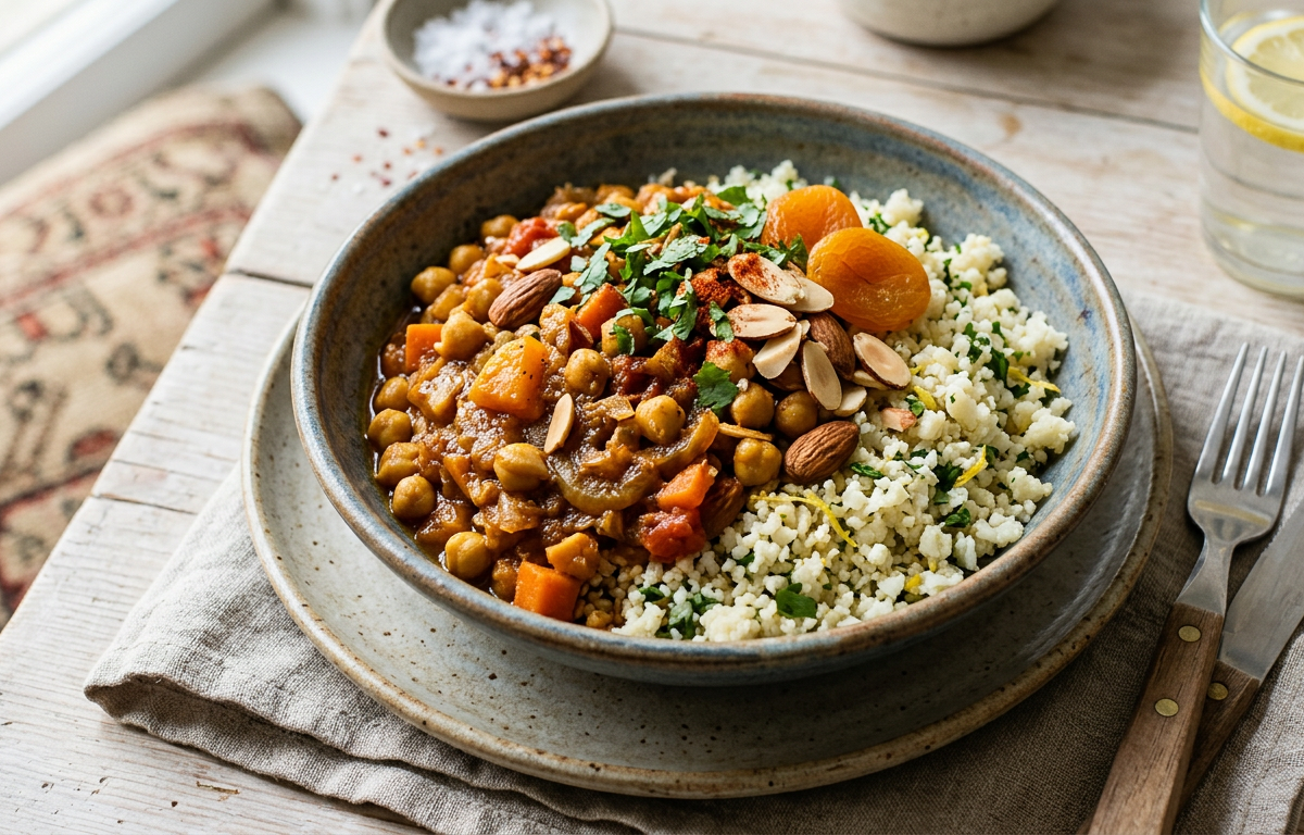 Moroccan Chickpea Tagine over Cauliflower Couscous