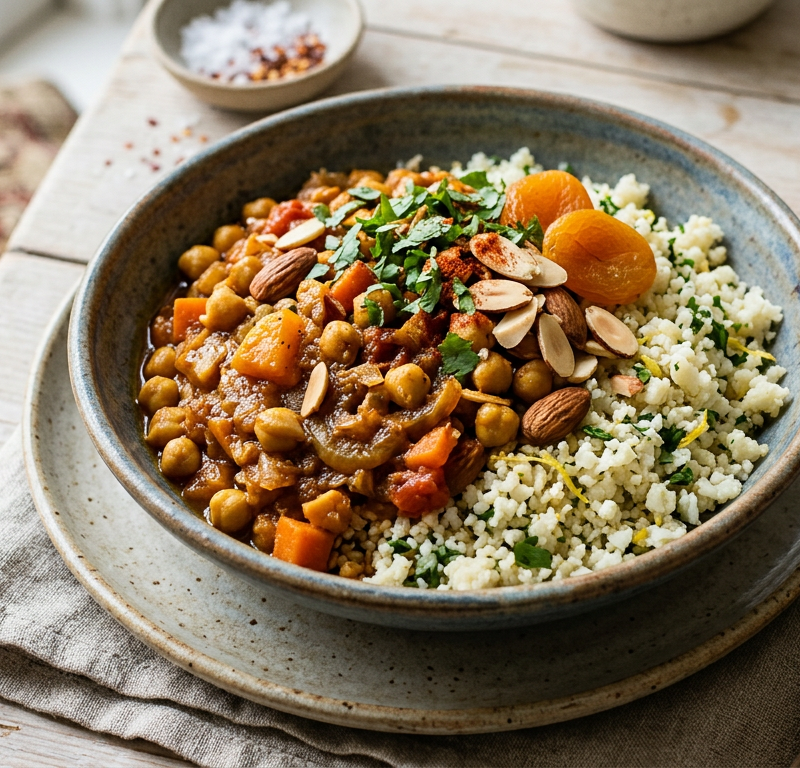 Moroccan Chickpea Tagine over Cauliflower Couscous